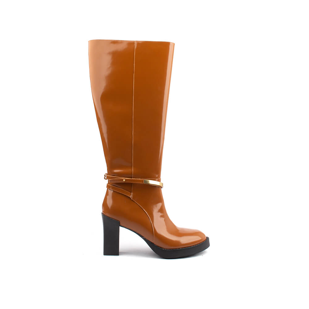 Women's toffee lacquer knee-high boots with gold bar detail and block platform heel