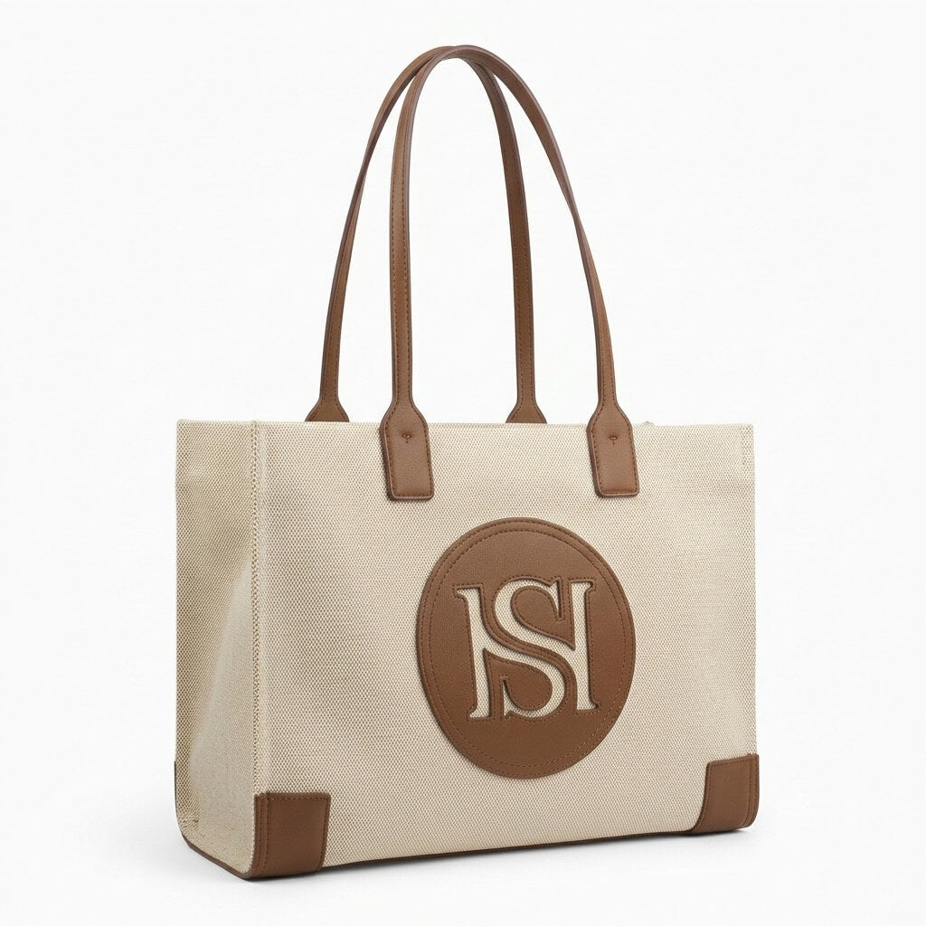 Howard Shawn large canvas tote cognac tan leather handles HS patch