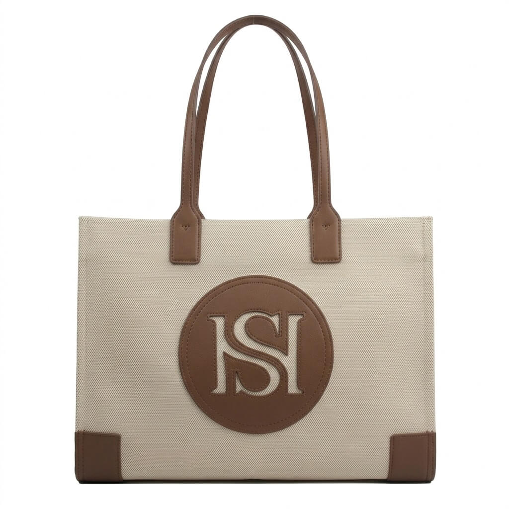 Howard Shawn HS logo canvas tote bag natural tan leather trim