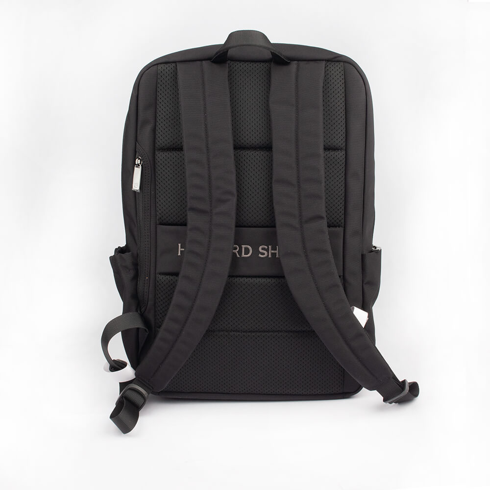 Howard Shawn jet noir nylon backpack with taupe logo embroidery and top handle