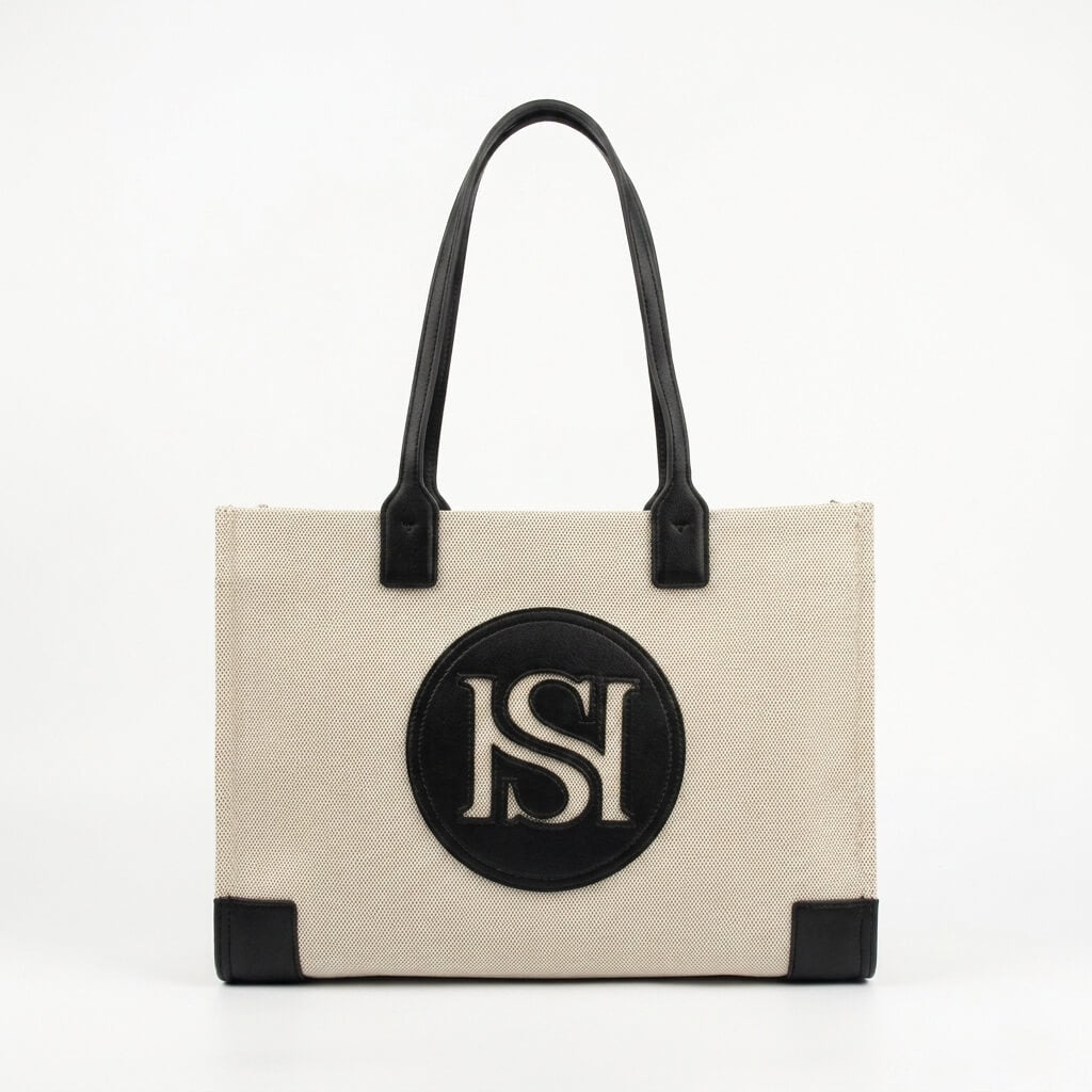 Howard Shawn HS logo canvas tote bag natural black leather trim