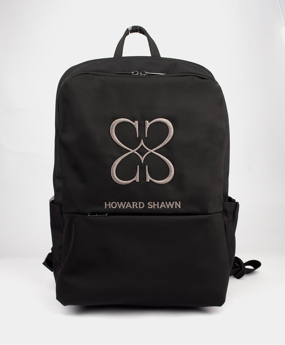Howard Shawn black nylon backpack with tonal embroidered logo and zip pockets