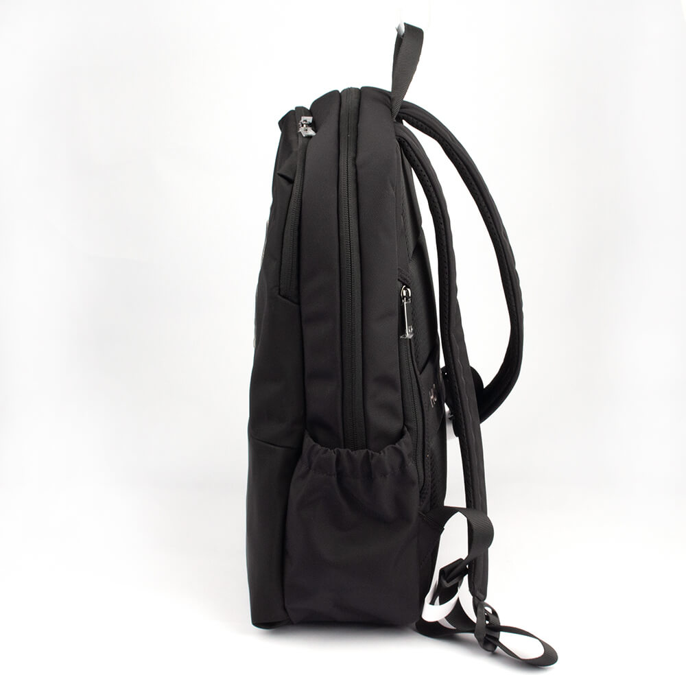 Matte black unisex backpack with Howard Shawn embroidered crest and multi-pocket design